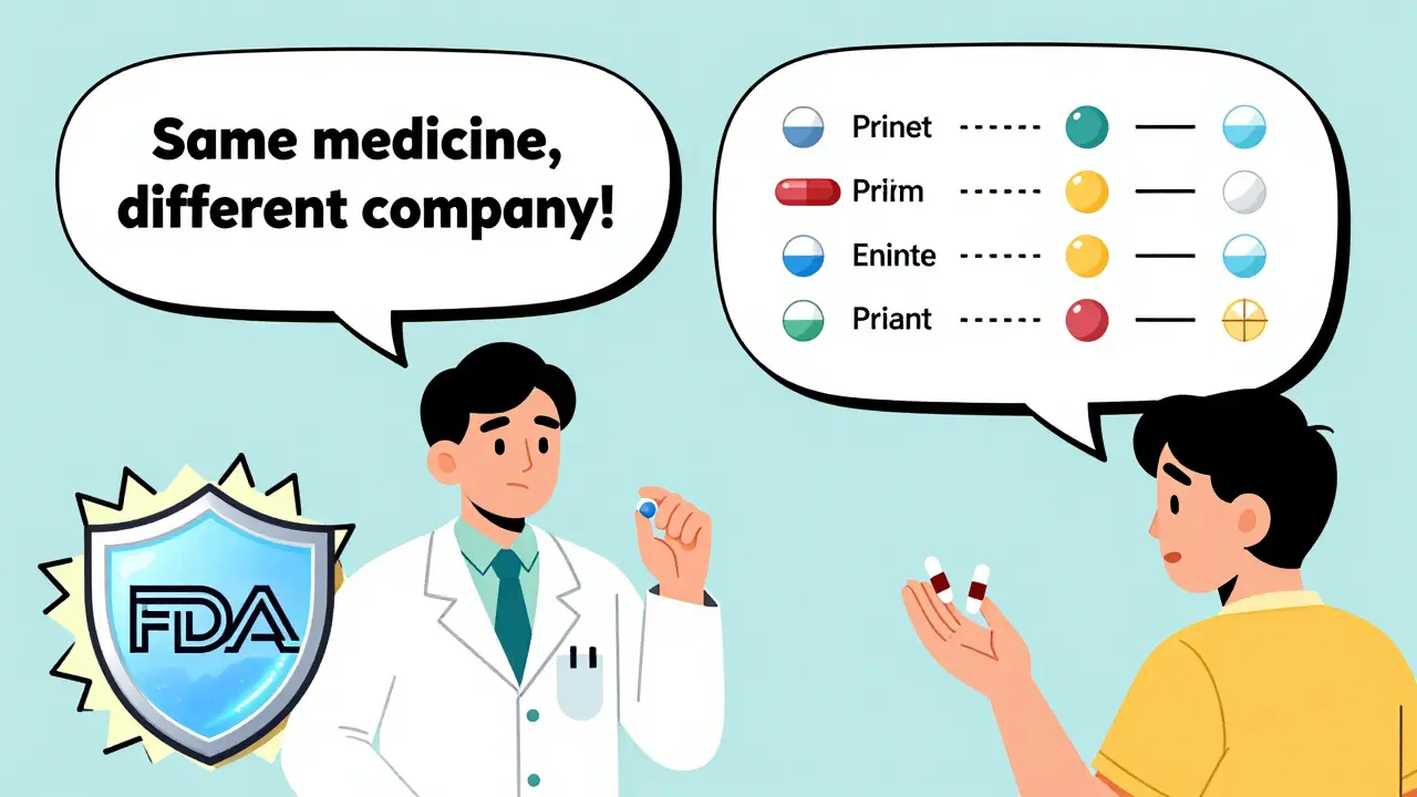 Doctor and pharmacist explaining generic drugs with bold speech bubbles and pill comparison chart in Memphis style.
