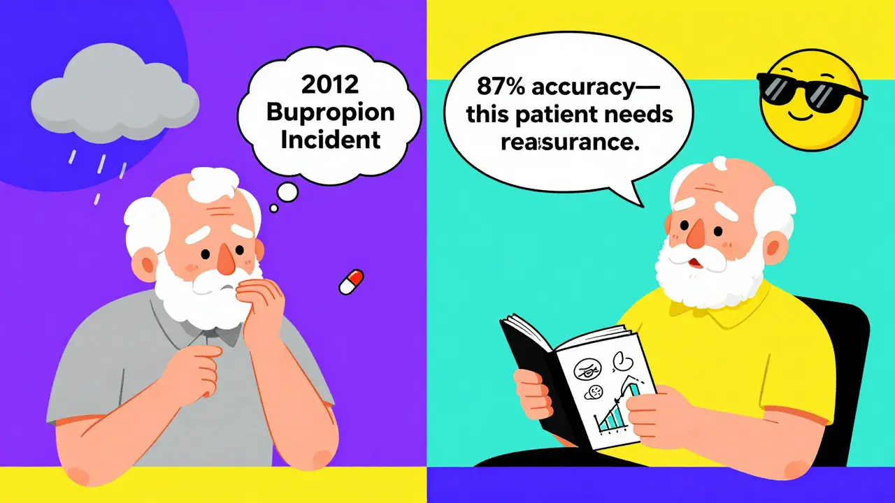 Elderly patient comparing generic pill fears to journaling progress, with friendly AI helper in Memphis design.