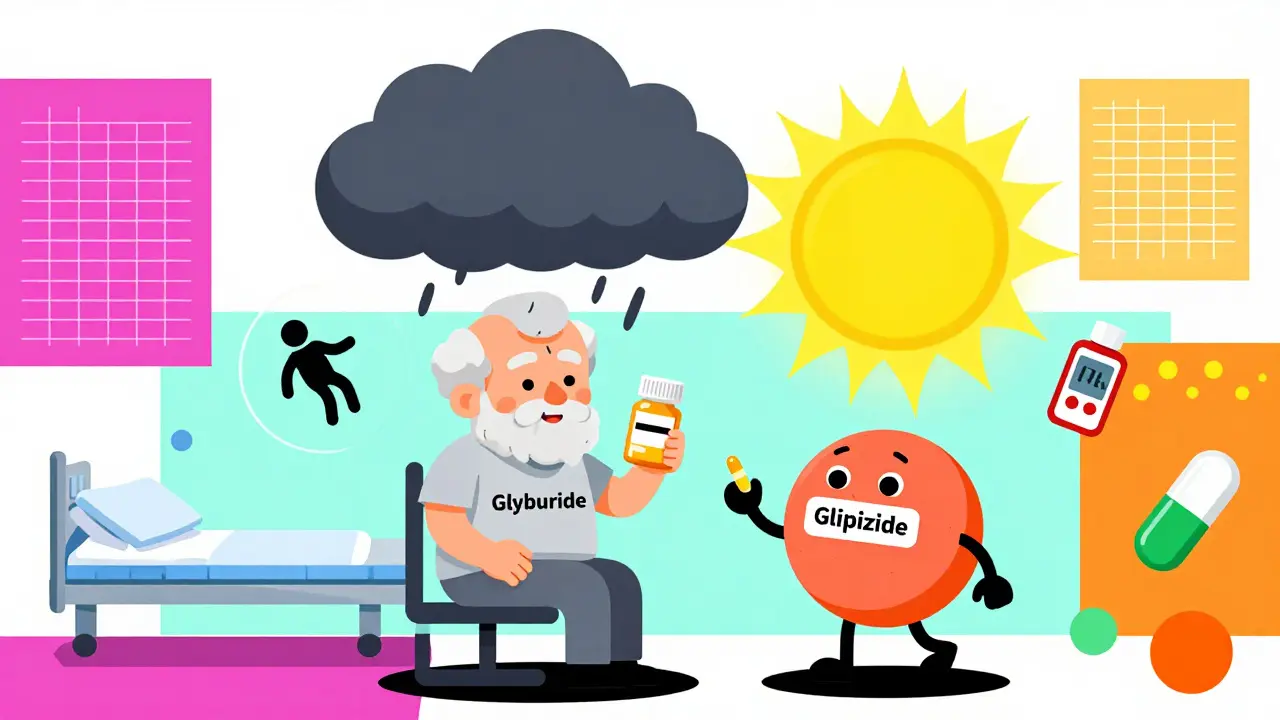 Elderly person holding glyburide under a storm cloud, while glipizide shines safely beside them in Memphis design.