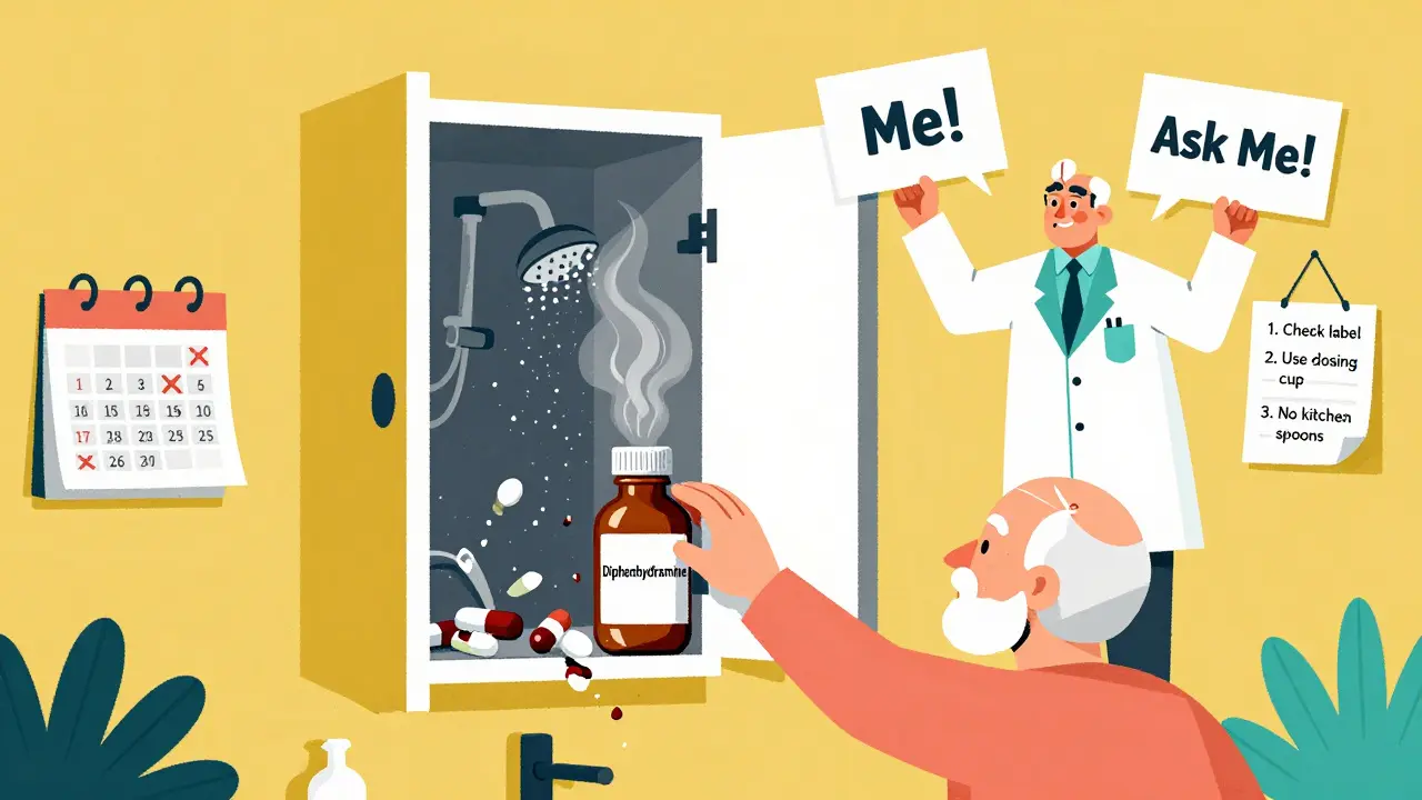 Elderly person reaching for medicine in steamy bathroom while pharmacist offers help