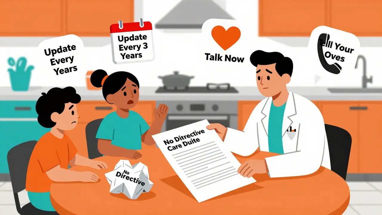 Family at a table arguing over paperwork while a doctor places a clean advance directive form with symbolic icons nearby.