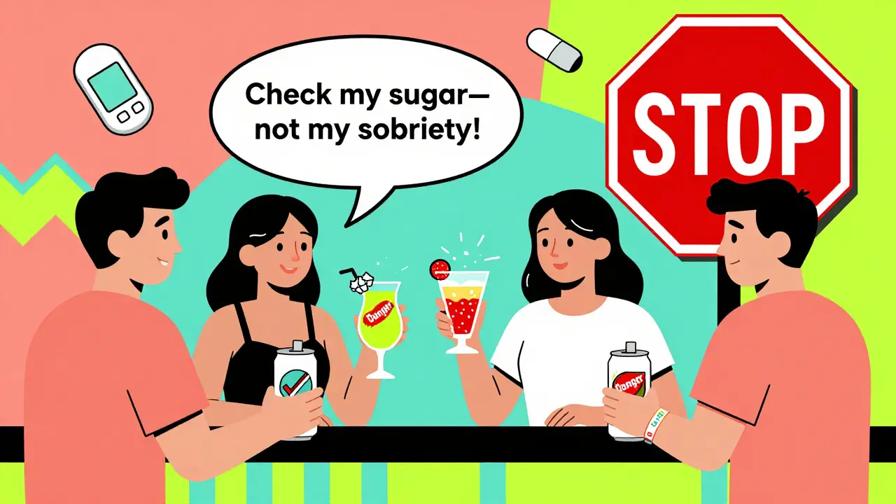 Friends at bar, one drinking safe seltzer with medical ID, others with sugary cocktails, warning symbols