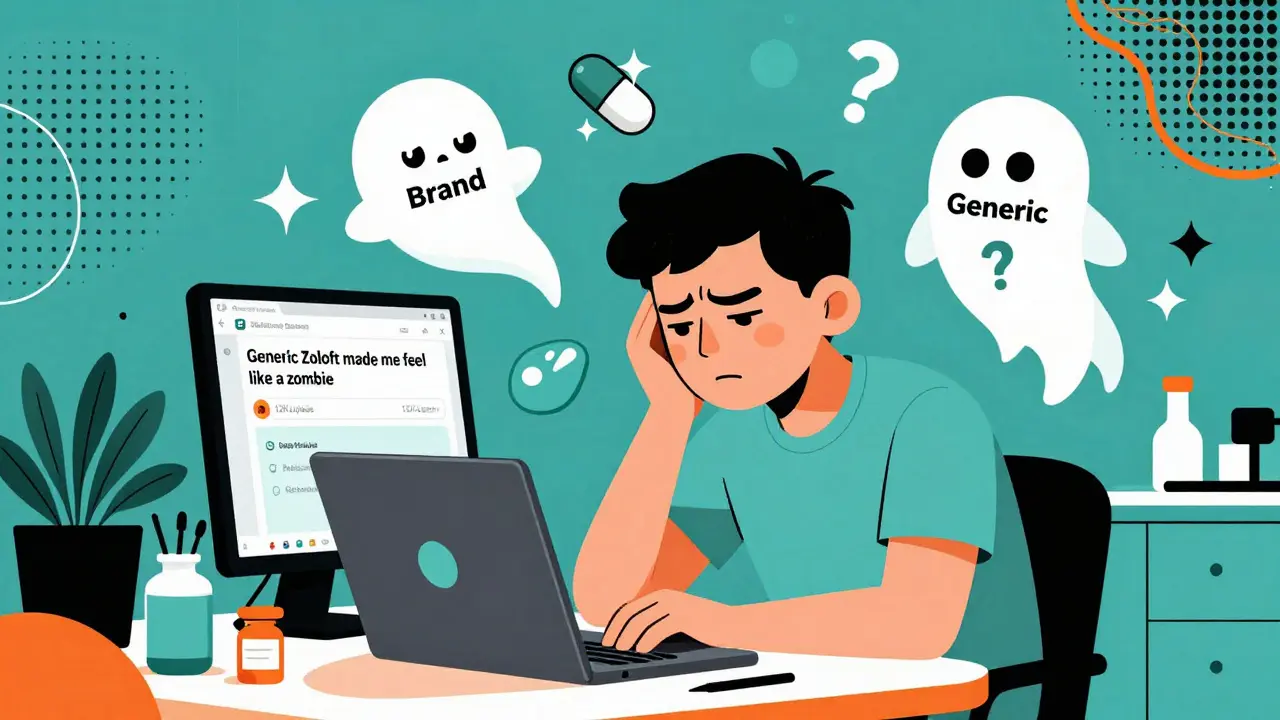 Man at desk staring at laptop with Reddit thread about generic medication side effects