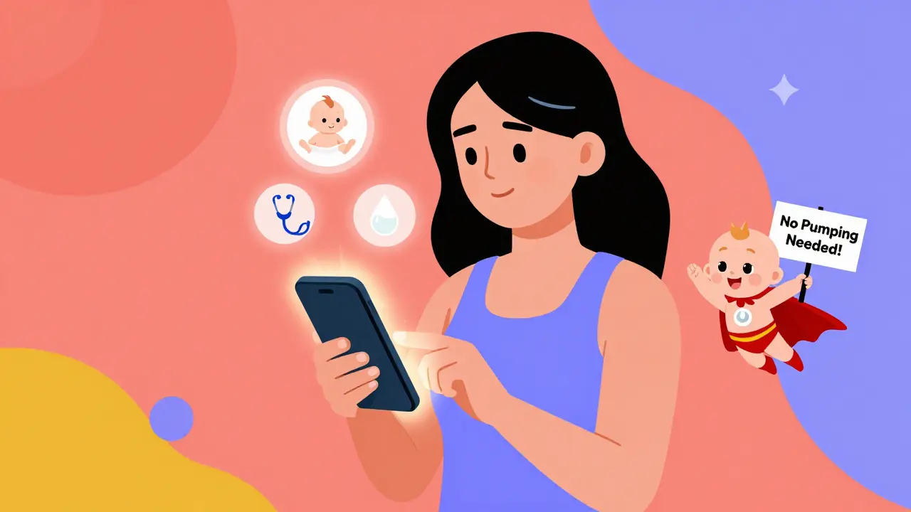 Mother checking LactMed app on phone, baby superhero flying beside her with safety sign