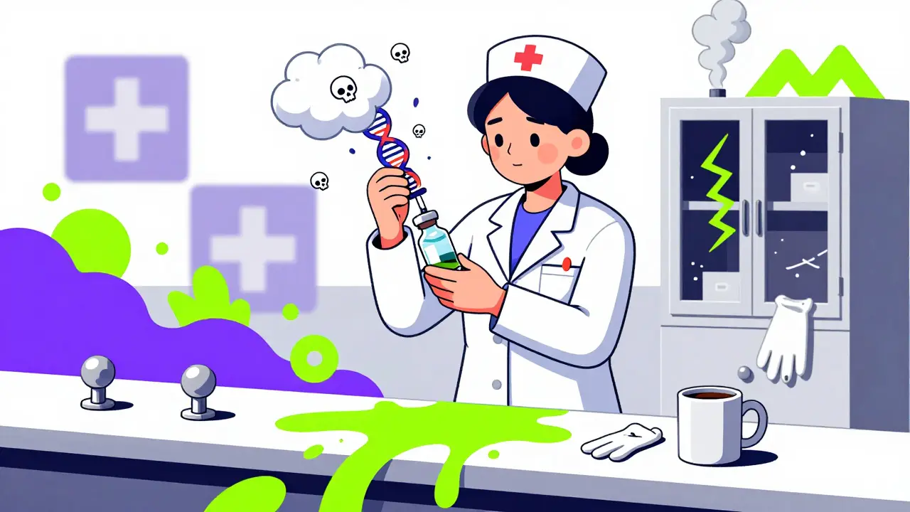 Nurse opening a chemo vial with toxic aerosol clouds and contamination streaks in bold Memphis colors.