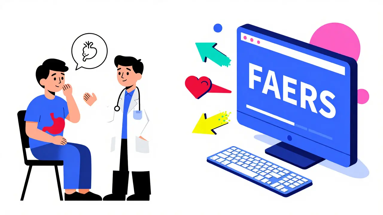 Patient and doctor sharing symptoms visually, transforming into a digital MedWatch form with animated arrows.