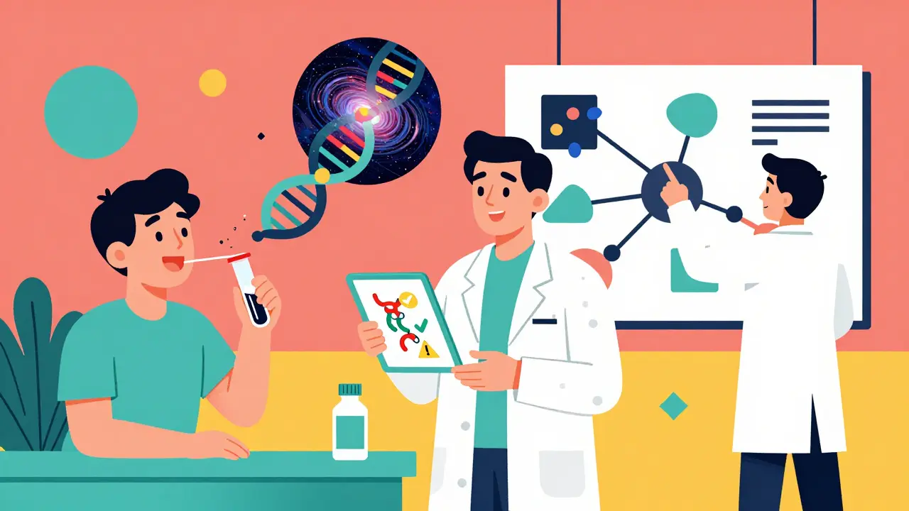 Patient giving saliva sample that becomes a DNA galaxy, with pharmacist and doctor in colorful clinic setting