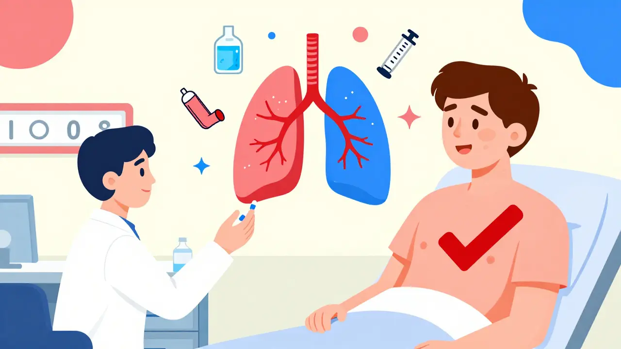 Patient undergoing aspirin desensitization with animated lungs and sinuses improving, surrounded by medical icons in colorful geometric design.