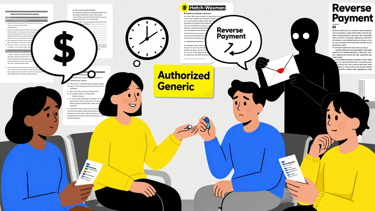 Patients receiving different pills, thought bubbles show money, clocks, and secret payments in a chaotic pharmacy scene.