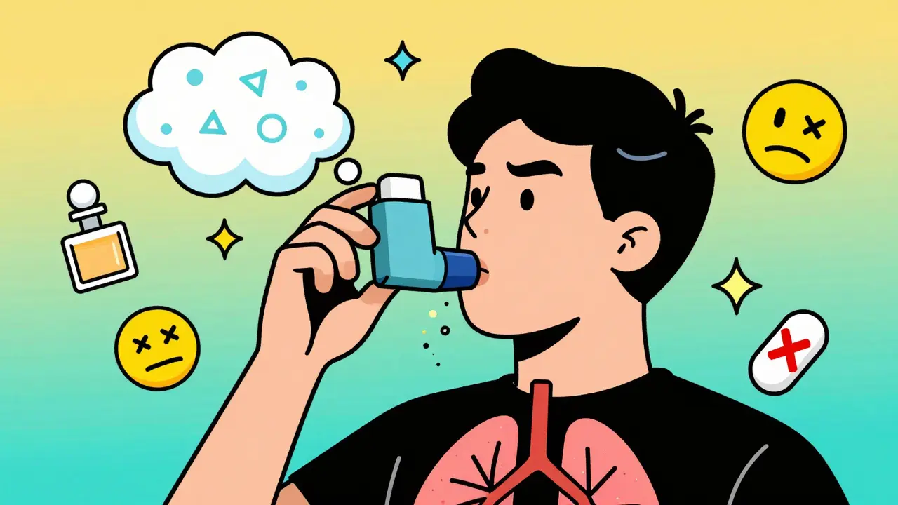 Person using inhaler with spacer, medicine flowing into lungs while triggers float nearby