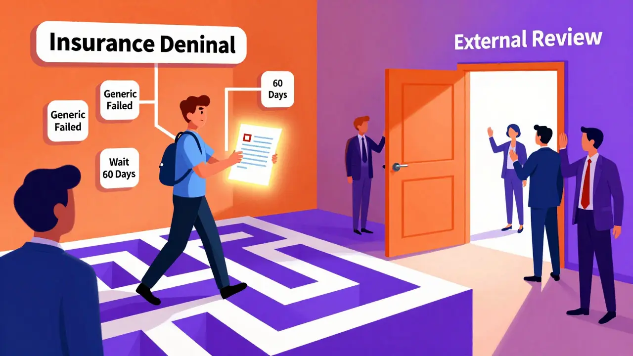 Person walking through insurance maze lit by doctor's letter, leading to a bright External Review door in colorful Memphis design.