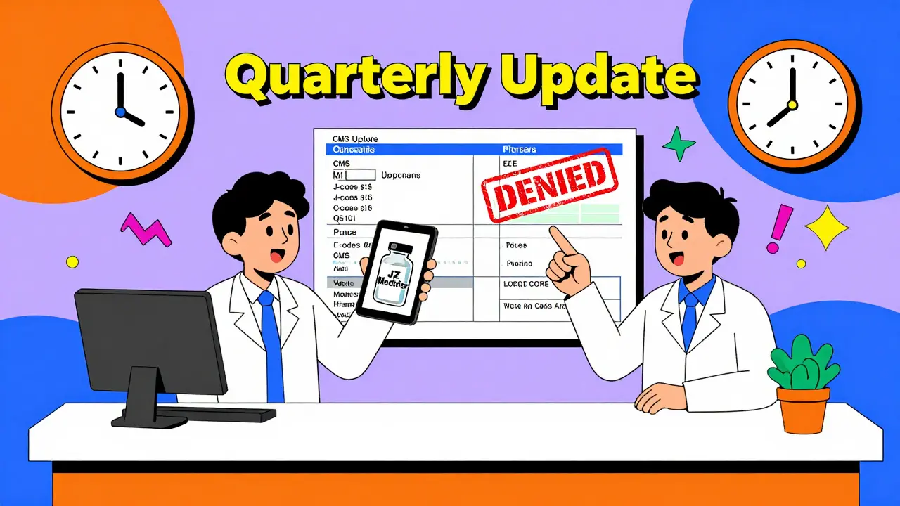 Pharmacy staff confused by billing codes and denied claims in vibrant geometric setting