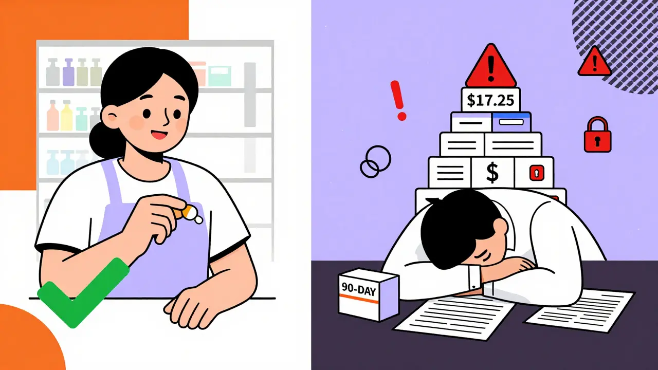 Side-by-side: happy U.S. pharmacy pickup vs. overwhelmed person buried in international shipping paperwork.