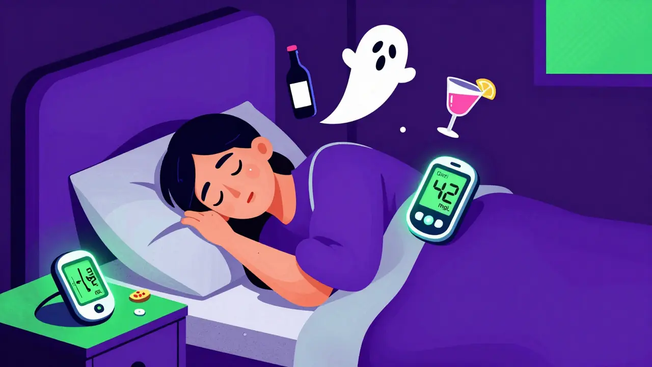 Sleeping person with glucose monitor showing low reading, alcohol ghosts above, snack nearby