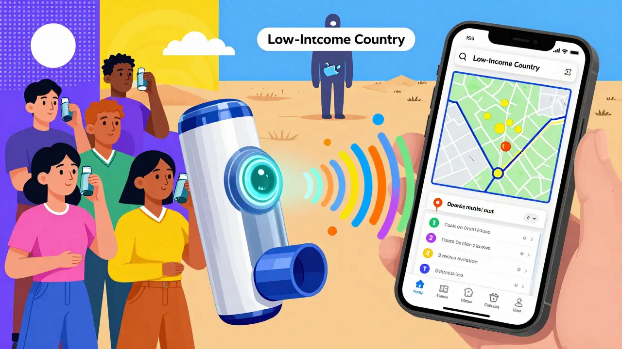 Smart inhaler sending data to phone, diverse users with inhalers against a global access backdrop