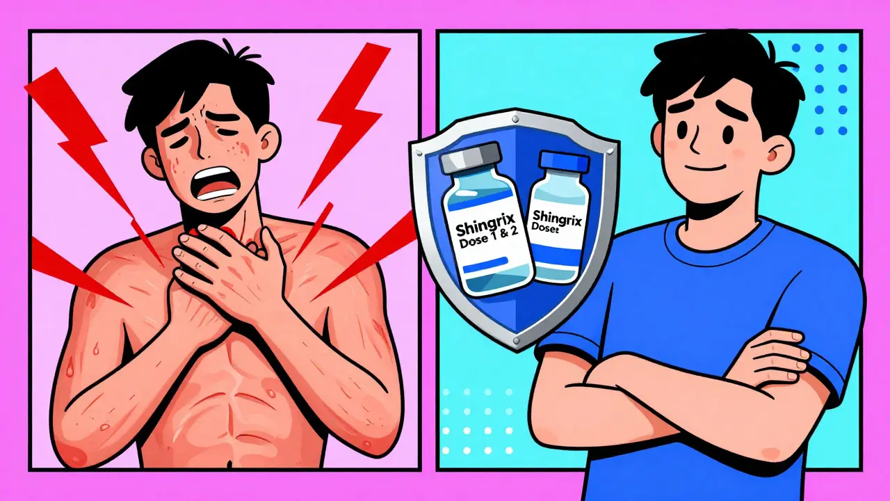 Split image showing pain vs. protection from the Shingrix vaccine, rendered in Memphis Design style.