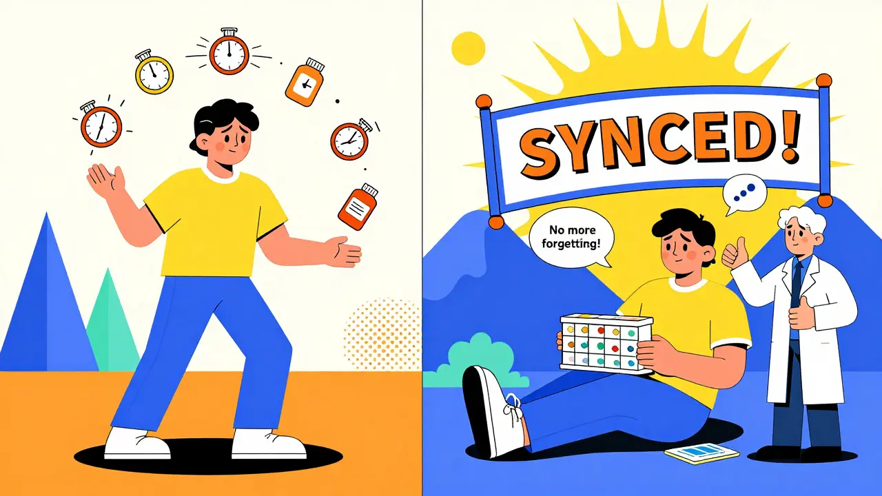 Split scene: chaotic pill juggling vs. calm sync pickup with a smiling pharmacist.