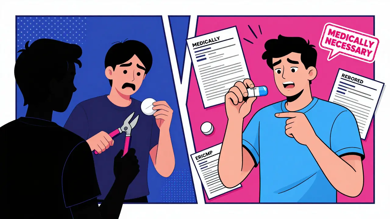 Split scene: person splitting generic pill vs. holding brand-name drug with floating medical records in bold geometric style.