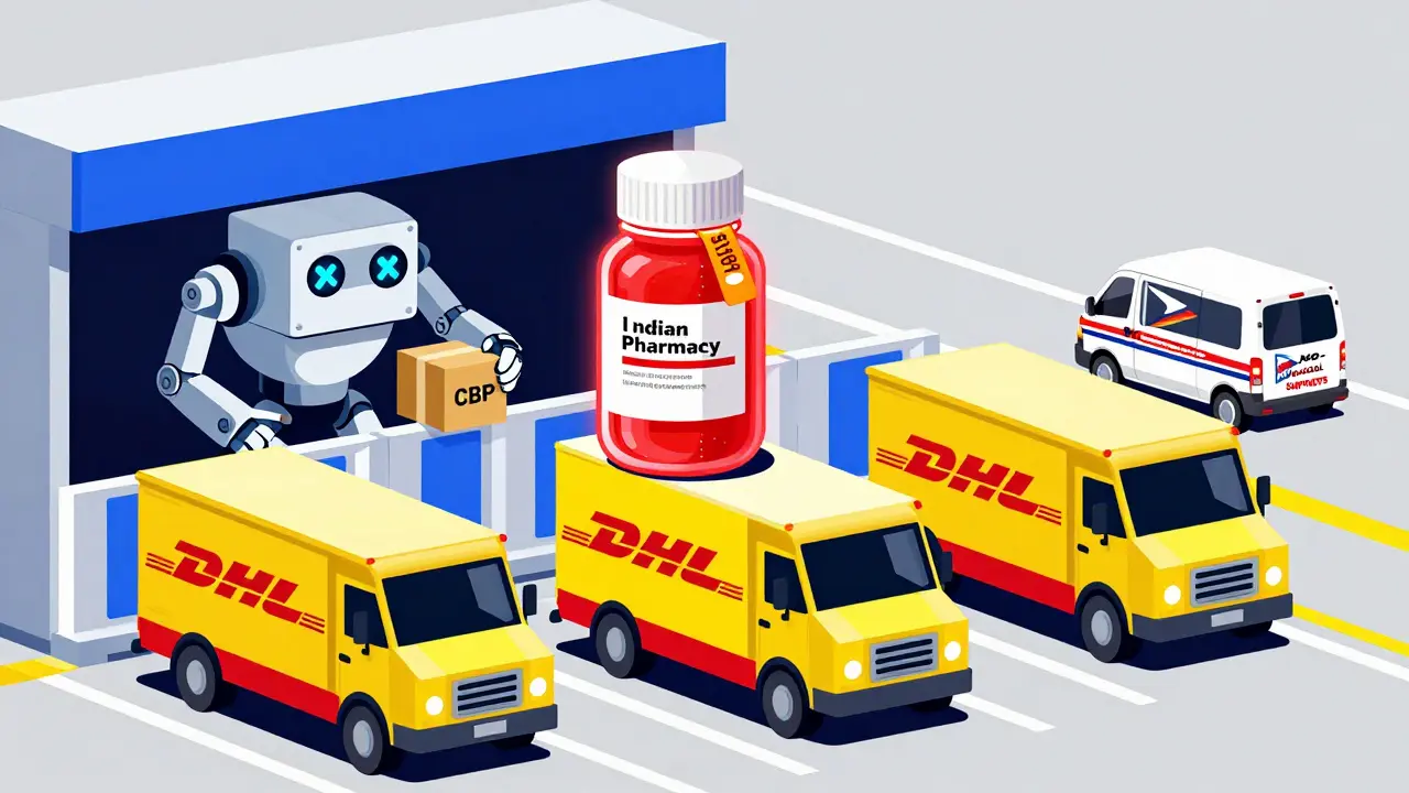 Three stylized delivery trucks at a customs checkpoint with glowing duty tags and a blocked USPS van.