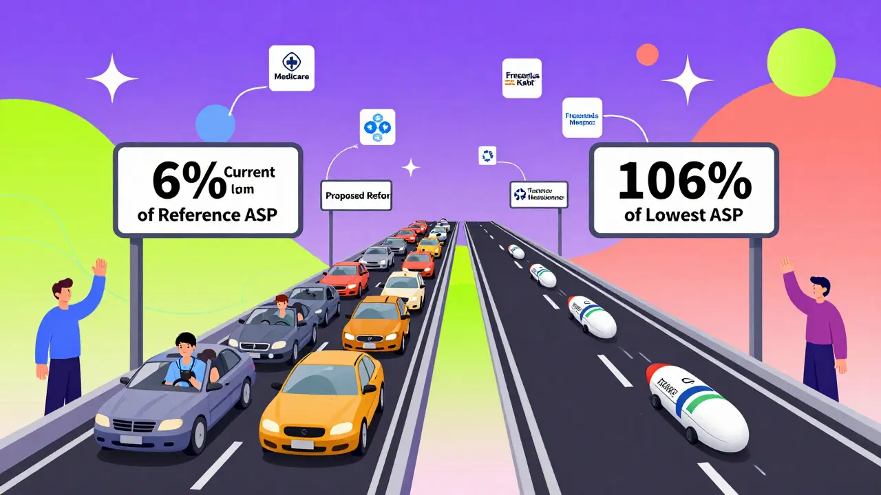 Two healthcare payment paths: current system vs. proposed reform in Memphis design style