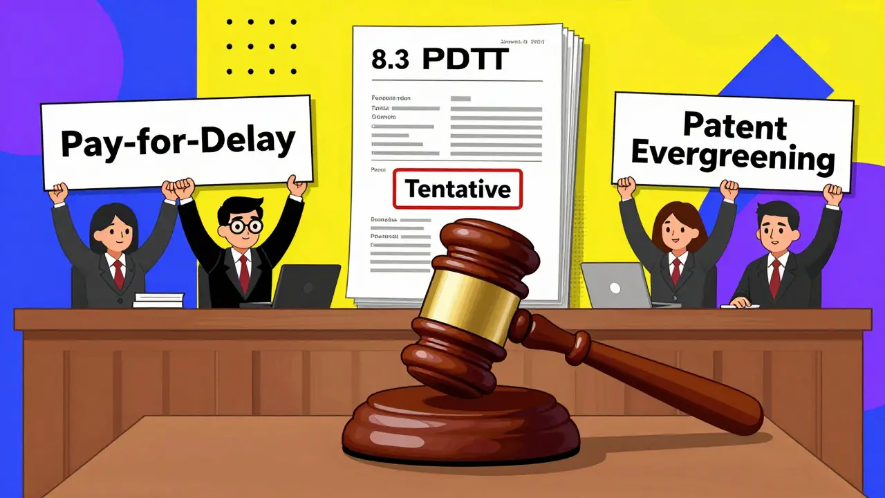 A courtroom with a pill-shaped gavel, lawyers holding 'Pay-for-Delay' signs, and a stack of 8.3 patents towering over an FDA stamp.