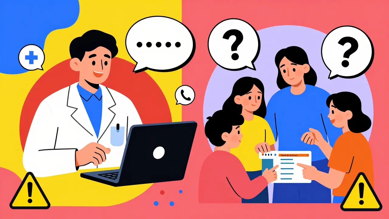 A pharmacist using a video interpreter while a family checks a prescription together, illustrated in bold Memphis Design shapes and clashing colors.