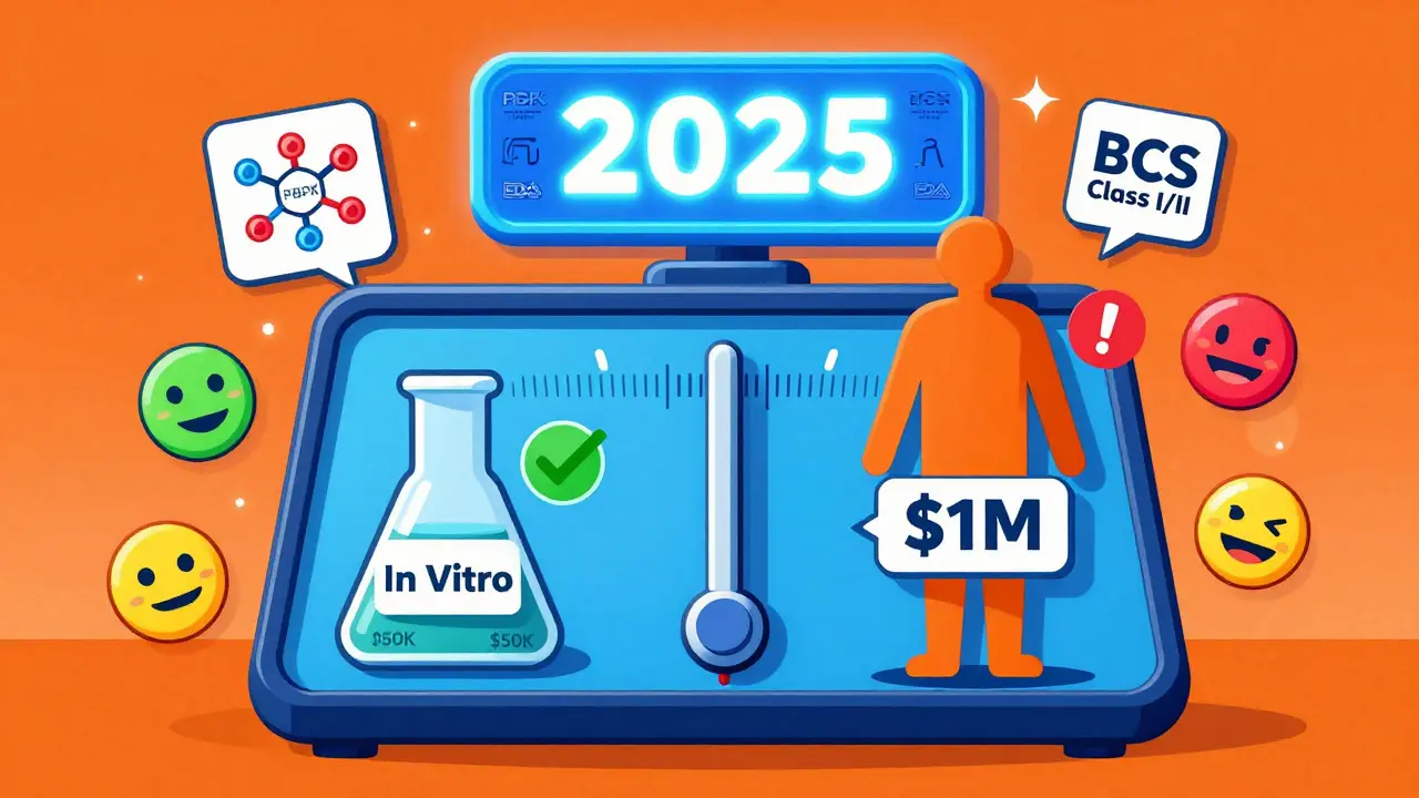 A regulatory scale comparing low-cost in vitro testing to expensive in vivo trials, with floating BCS class icons and 2025 FDA banner in vibrant Memphis design.