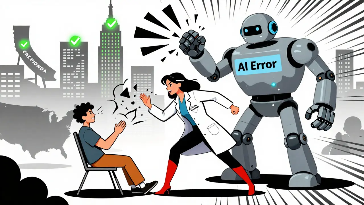 A superhero translator defeats a robot labeled 'AI Error' as glowing checkmarks shine over California and New York, in playful Memphis cartoon style.
