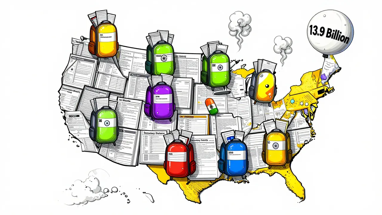 A wall of patents blocking the U.S., while generic drugs from India and China climb over it with ANDA forms in colorful backpacks.