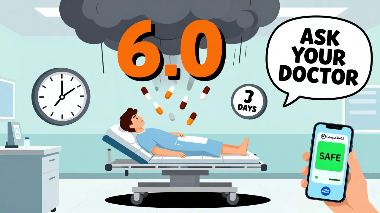 Chaotic emergency room scene with a high INR reading, vitamin K tablets falling, and a home monitor showing a safe alert.