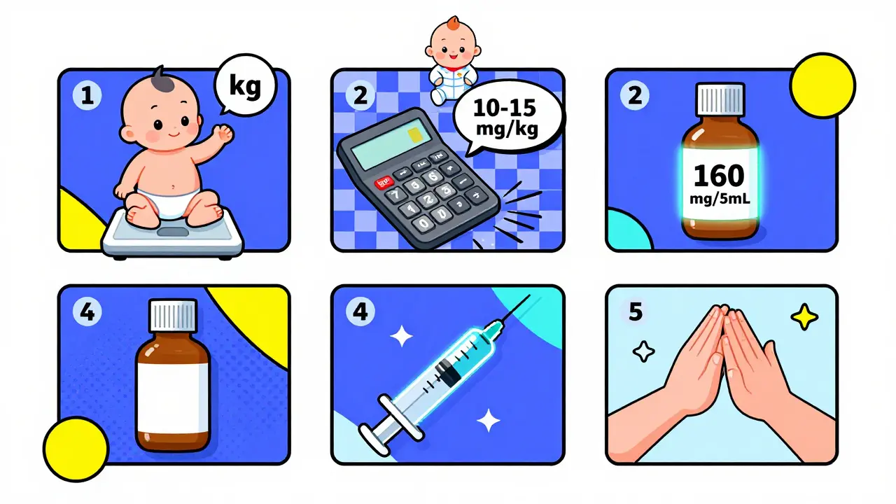 Five colorful steps illustrate safe dosing: weighing, calculating, checking label, using syringe, double-checking.