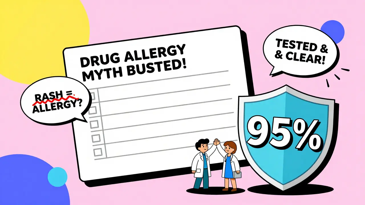 Floating medical chart debunking drug allergy myths with bold Memphis design icons and confetti