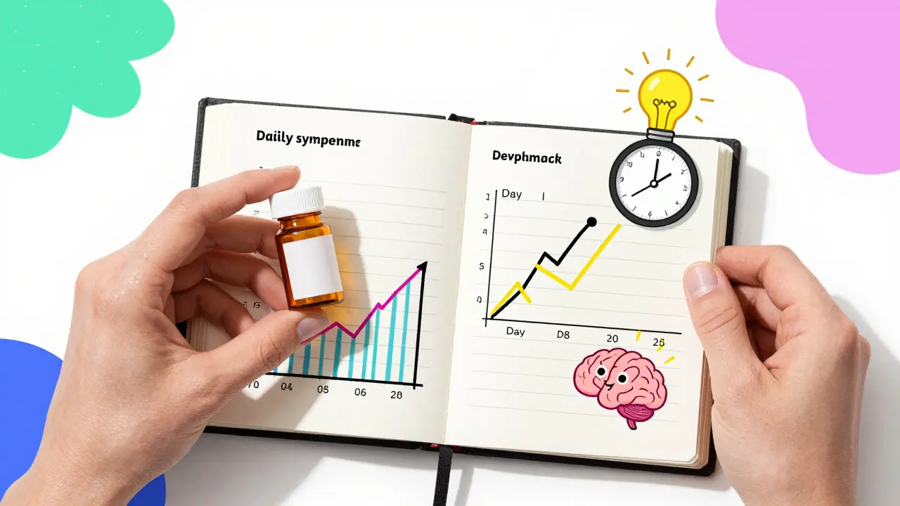 Hand holding a pill bottle next to a journal with doodled symptom tracker and glowing brain icon.