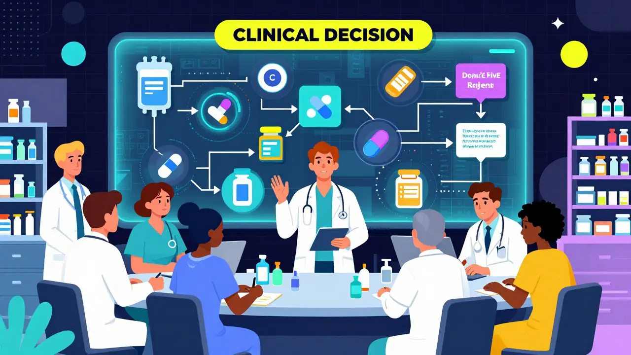 Hospital P&amp;T committee reviewing formulary with glowing IV drugs and clinical flowchart in bold Memphis style.