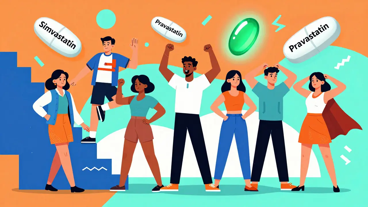 People experiencing muscle pain with statin pills and a glowing CoQ10 supplement in bold Memphis colors.