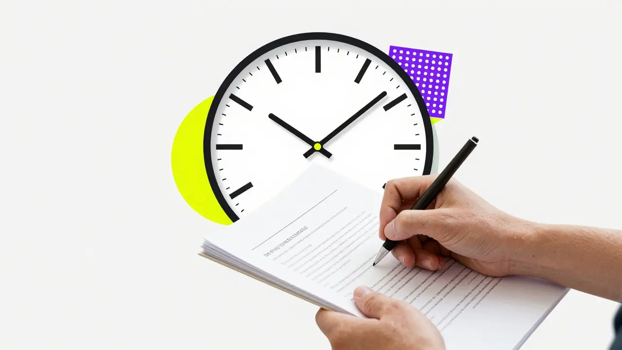 Person writing document response with abstract clock