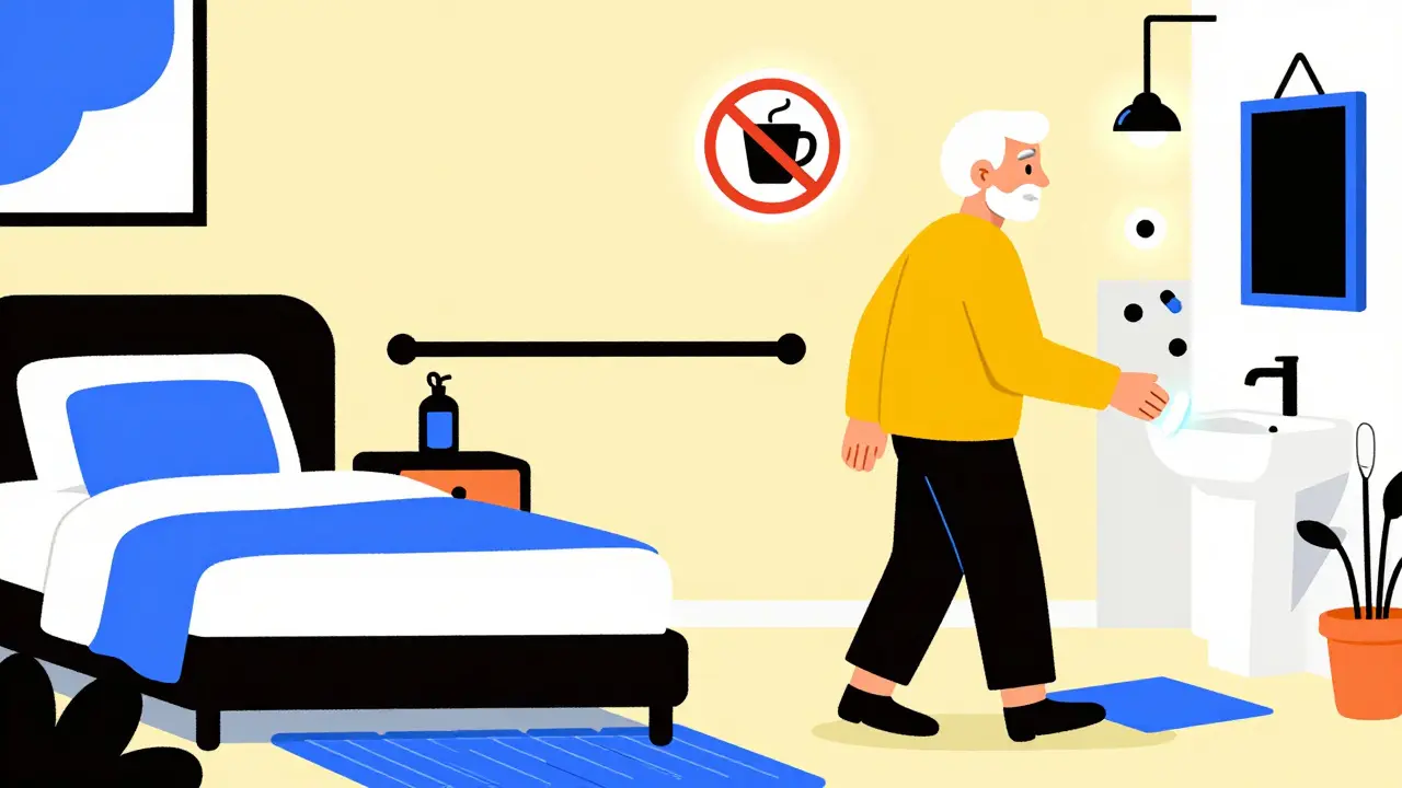 Safe bedroom with grab bars and night light, elderly person walking confidently in Memphis design style.