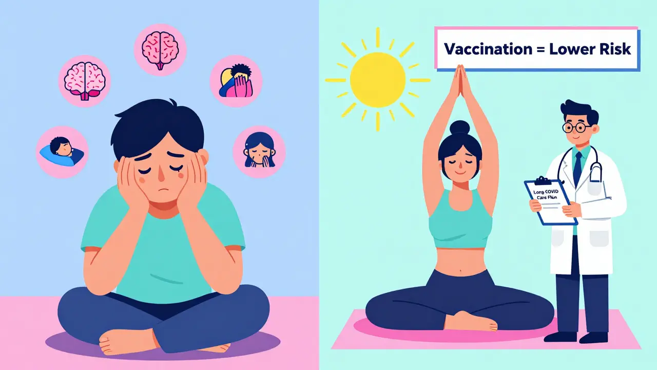 Split image of someone with long COVID symptoms versus recovering with care, in vibrant Memphis illustration style.