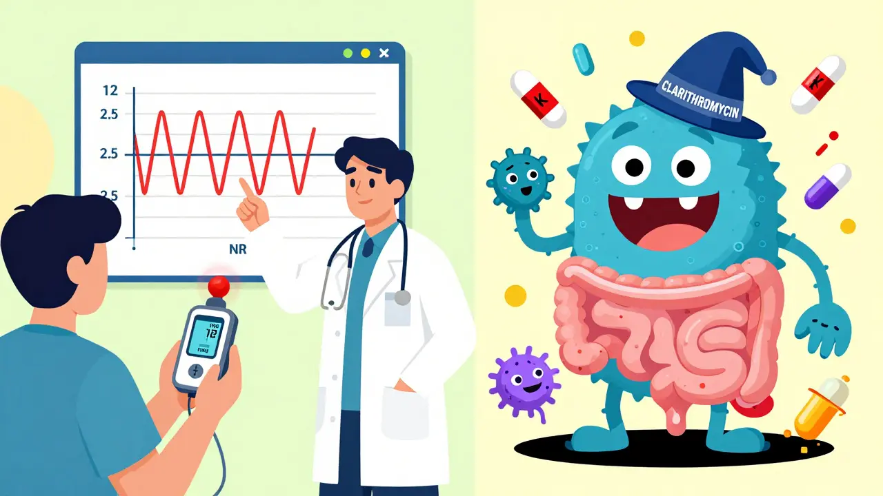 Split-panel illustration of a patient using an INR monitor and a gut microbiome being disrupted by a cartoon antibiotic monster.