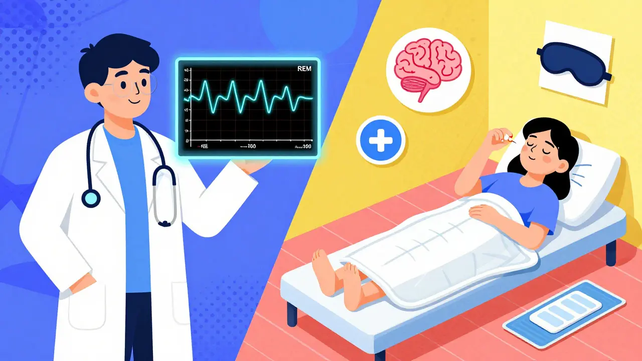 Split scene: doctor examining sleep study chart and patient taking melatonin with safety gear around bed.