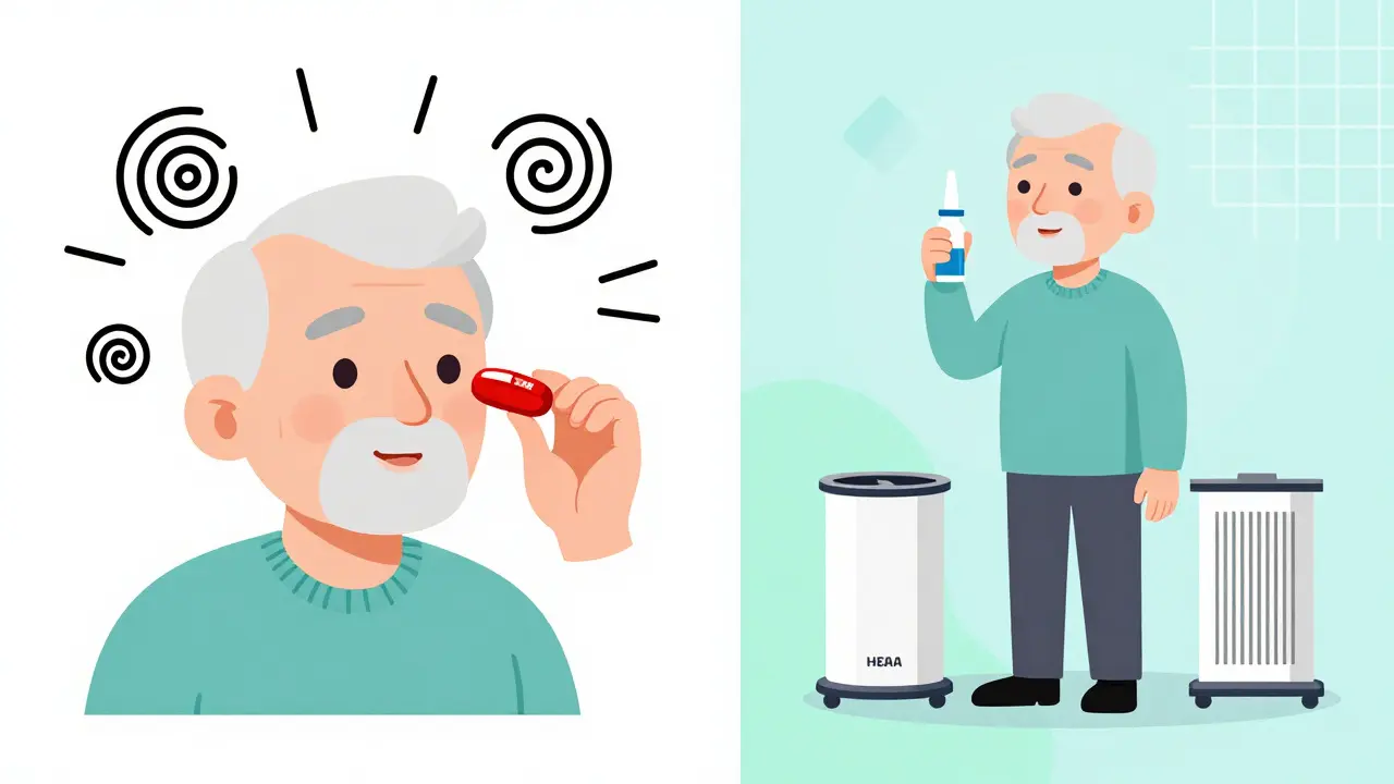 Split scene: left side shows dizziness from Benadryl, right side shows safe nasal spray and HEPA filter.