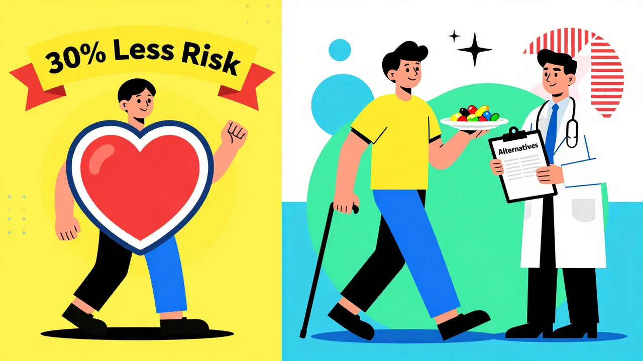 Split scene: one person protected by a heart shield, another healthy without pills, in Memphis Design style.