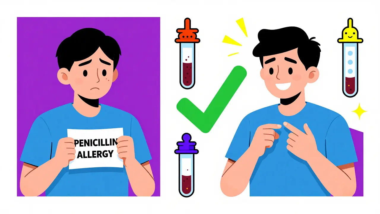 Split scene showing patient transitioning from fear to relief after negative drug allergy skin test