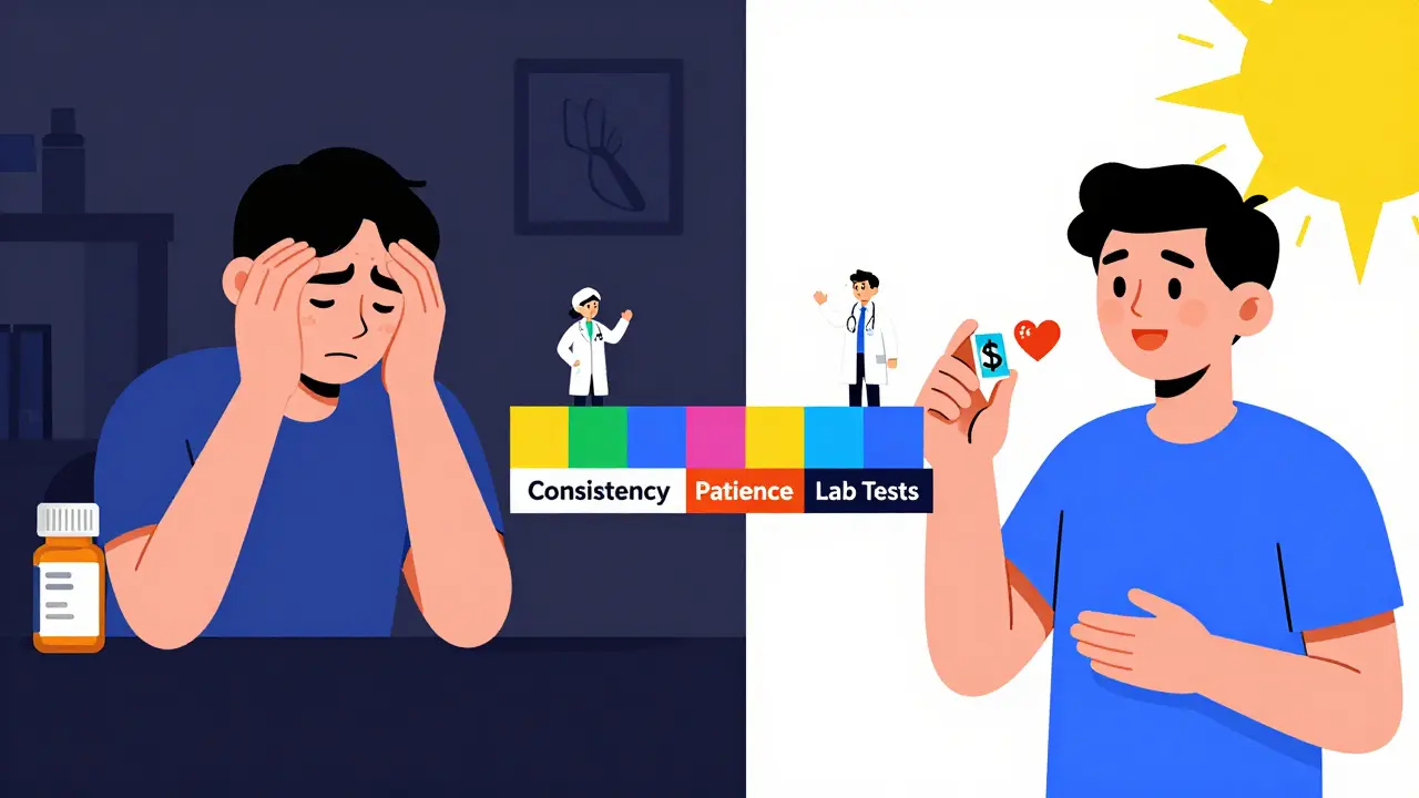 Split scene: stressed person with brand-name pill vs. happy person with generic pill connected by colorful bridge.