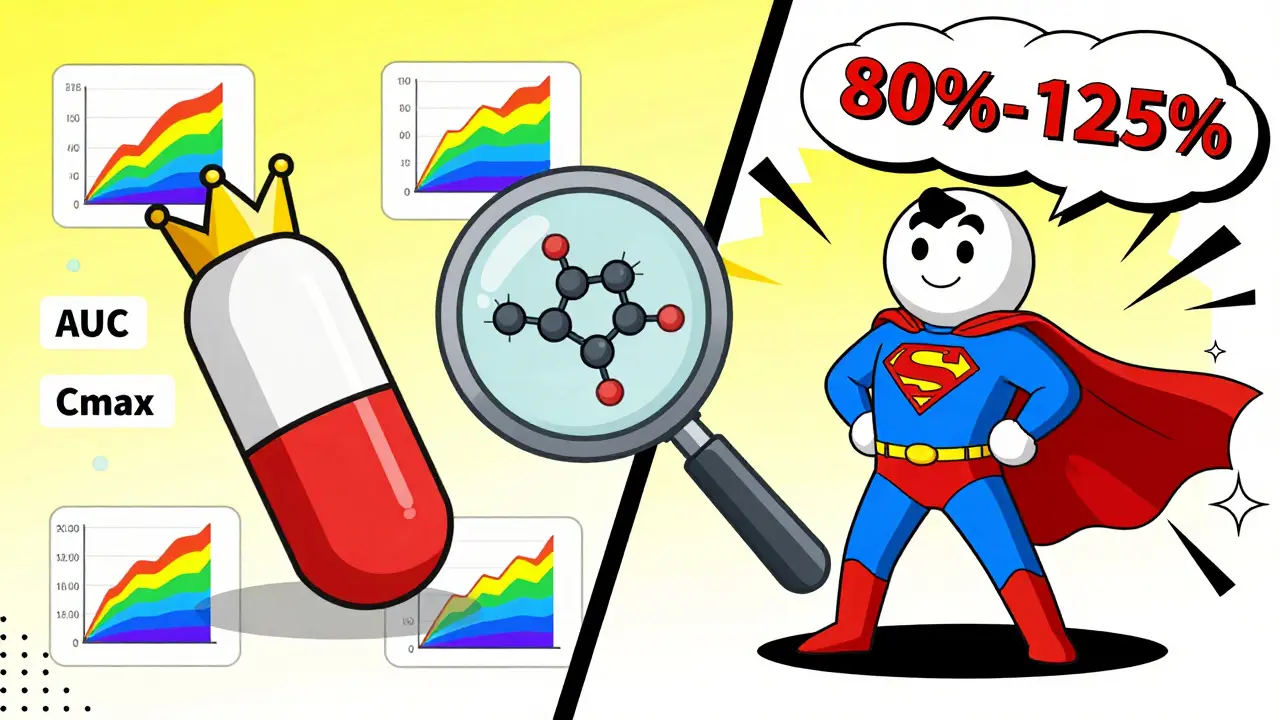 A brand-name pill with a crown and a generic pill with a cape, both surrounded by glowing bioequivalence data graphs.