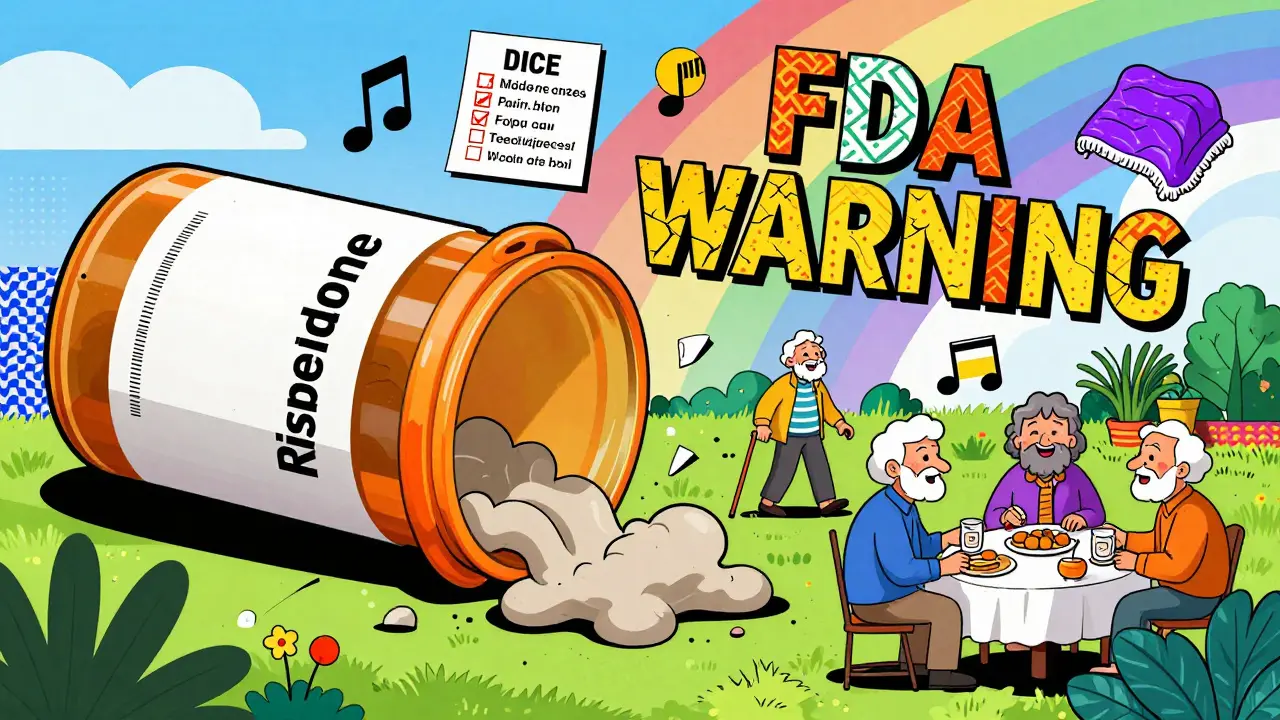 A crumbling antipsychotic pill bottle reveals a joyful senior community garden with music, sunlight, and DICE method icons in bold Memphis design.