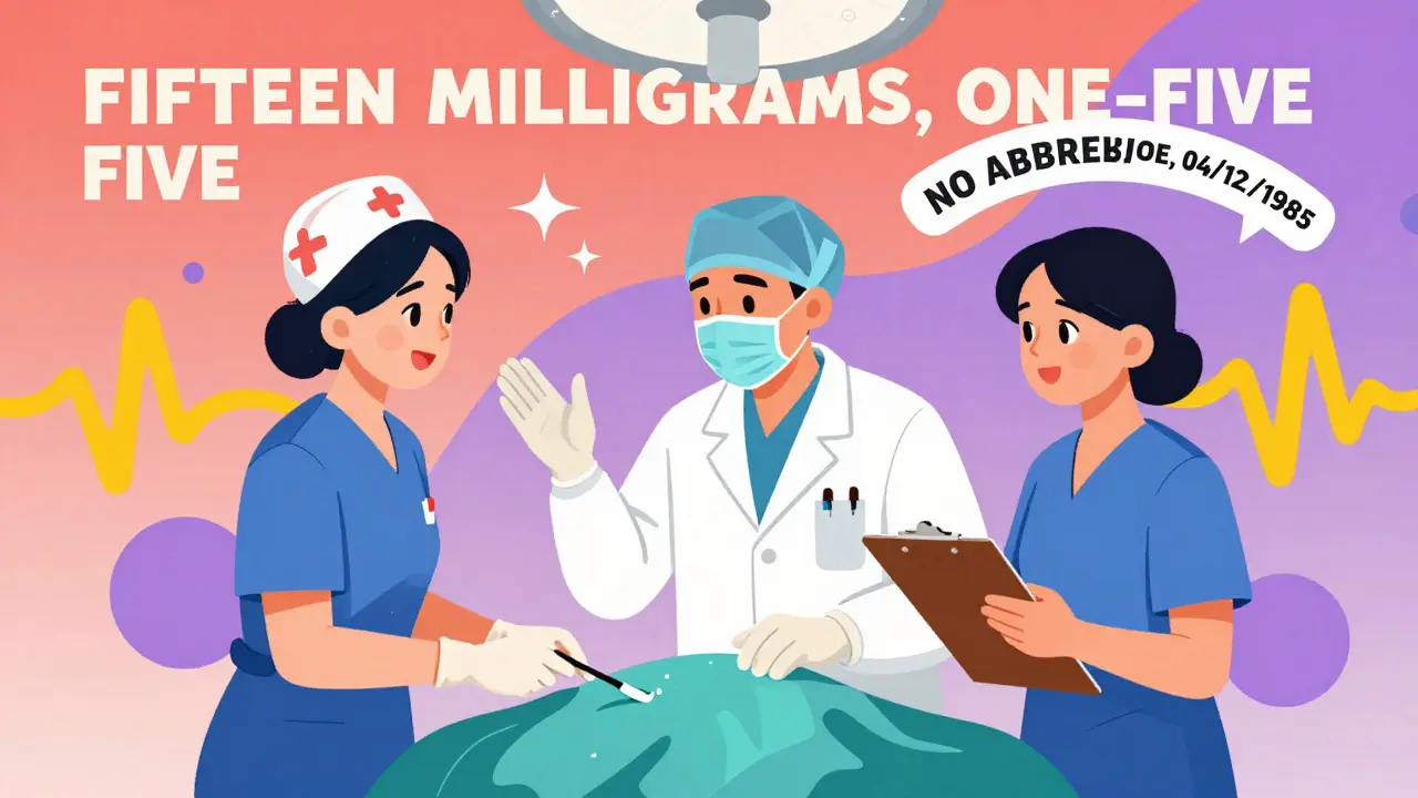 A nurse and doctor confirm a verbal medication order during surgery using read-back protocol in bold Memphis design.