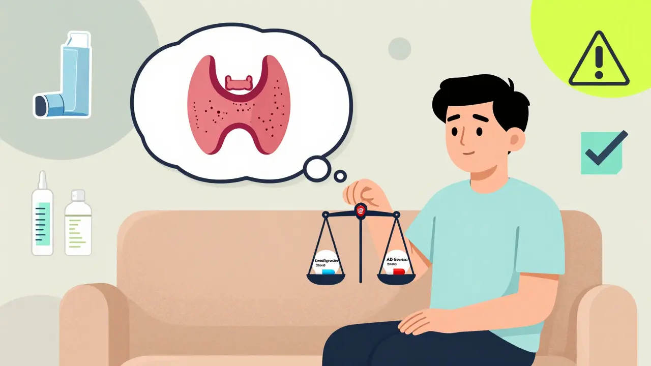A patient's thought bubble showing a balanced thyroid pill scale with an FDA shield, abstract medical icons in background.