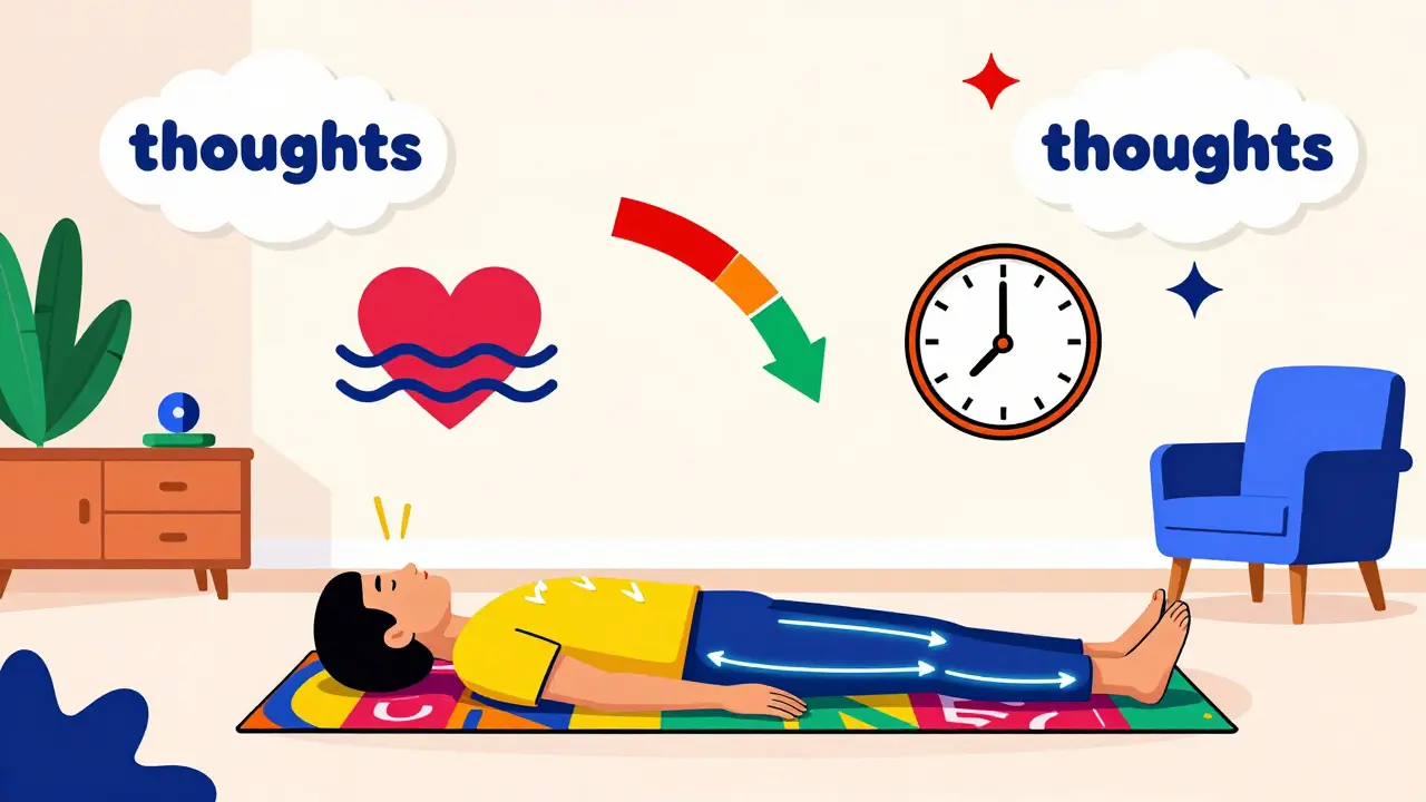 A person doing a body scan with glowing attention lines and abstract stress indicators floating above a Memphis-style room.