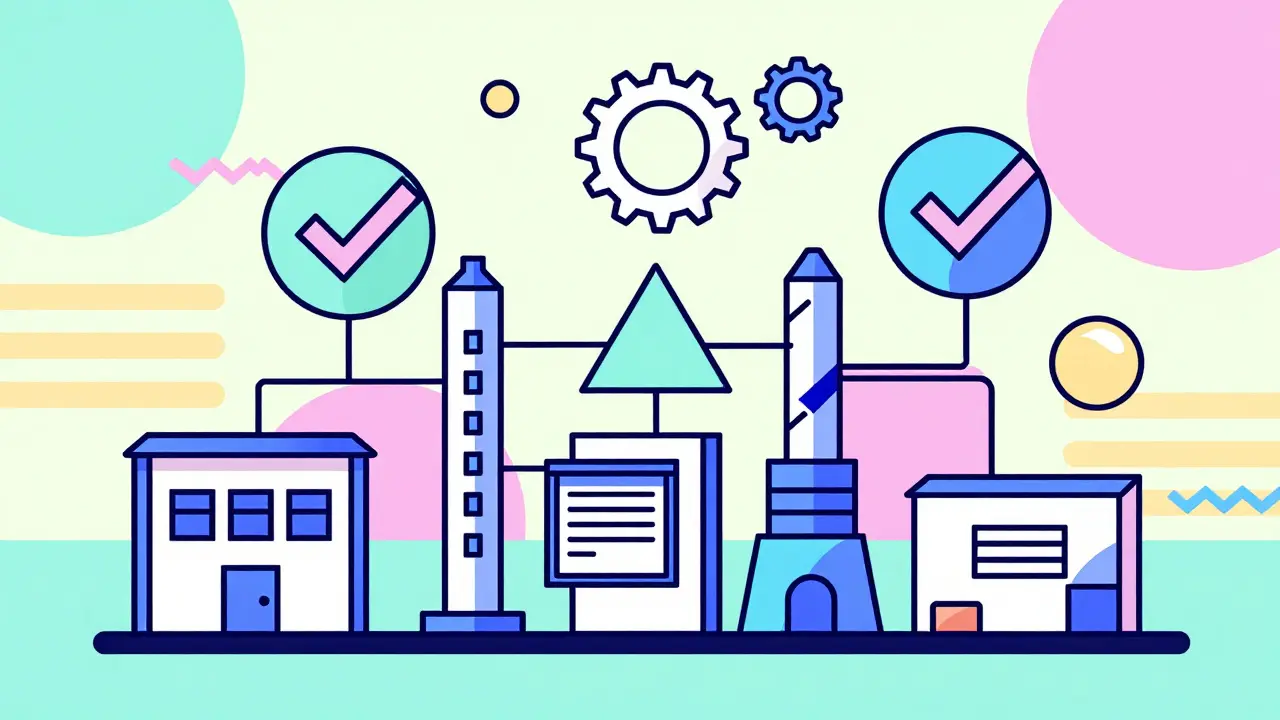 Abstract geometric shapes representing quality control systems.